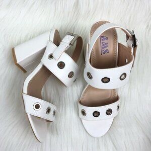 AMS Sarah Silver Grommet Eyelets Accent Slingback Block Heel Sandals White